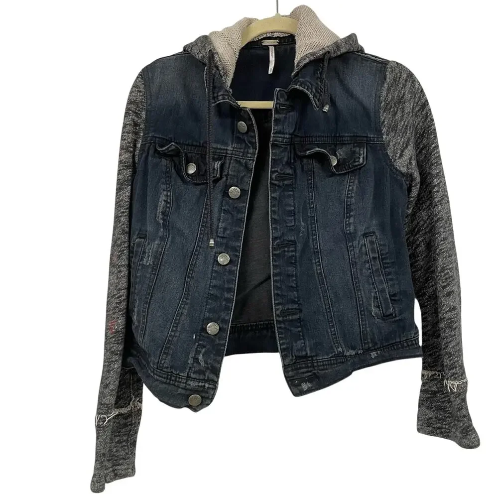 Free People Denim Hoodie Jacket With Grey Sweater Sleeve Womens Medium Jean - Picture 1 of 12